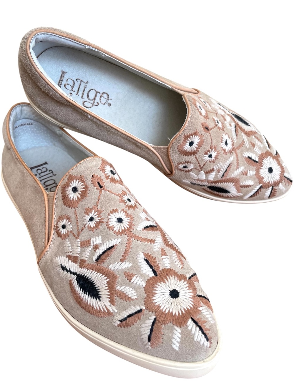 Anthropologie Latigo Rada Embroidered Slip On Sneakers 8 Tan Suede Boho Folk Art